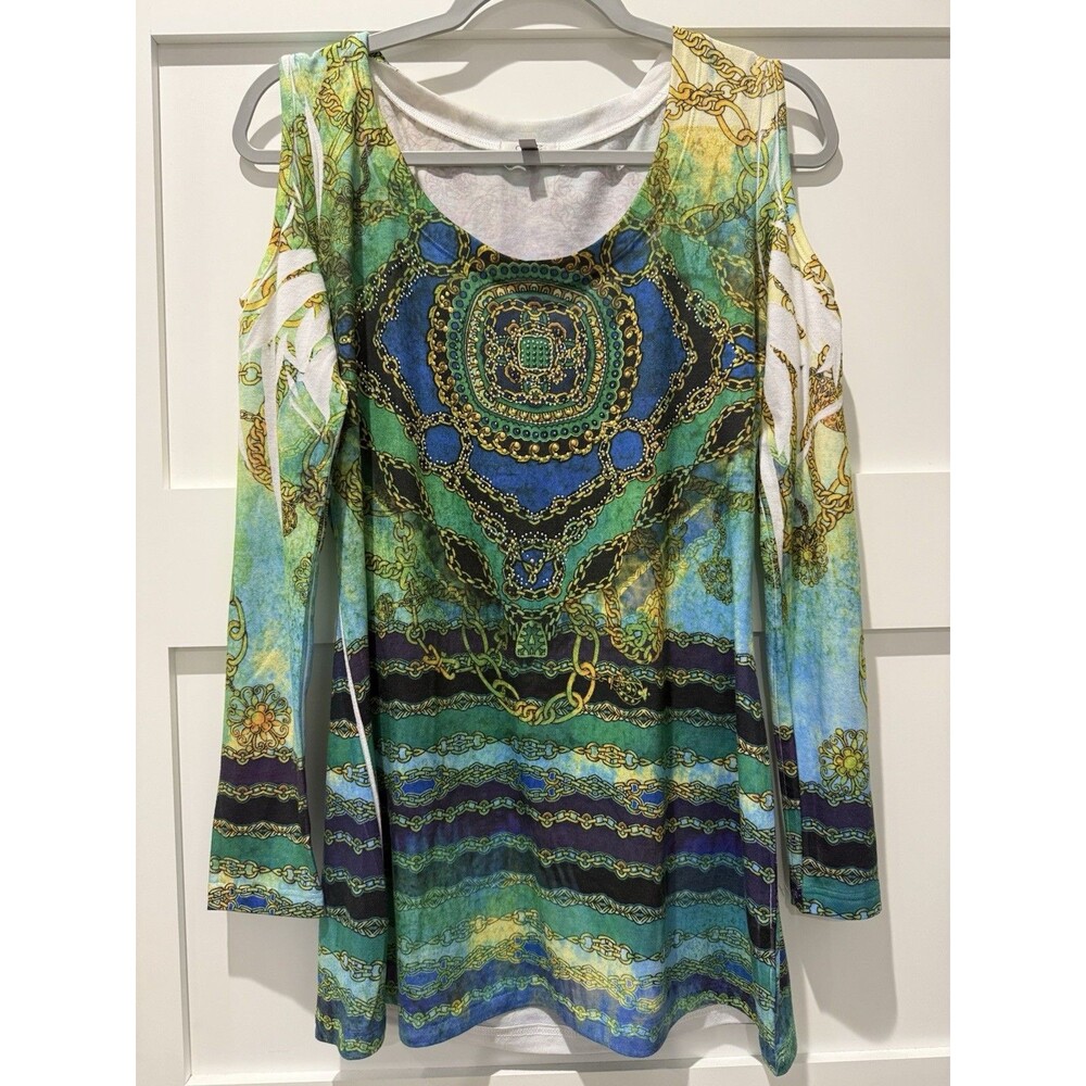 Cache Gold Chain Print Cold Shoulder Sleeve Blouse Size M Excellent Condition